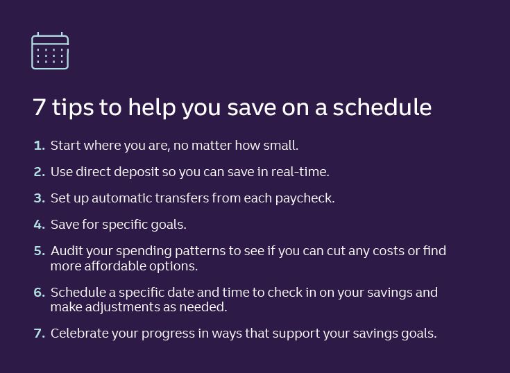 Header: 7 tips to help you save on a schedule 1. Start where you are, no matter how small. 2. Use direct deposit so you can save in real time. 3. Set up automatic transfers from each paycheck. 4. Save for specific goals. 5. Audit your spending patterns to see if you can cut any costs or find more affordable options. 6. Schedule a specific date and time to check in on your savings and make adjustments as needed. 7. Celebrate your progress in ways that support your savings goals.